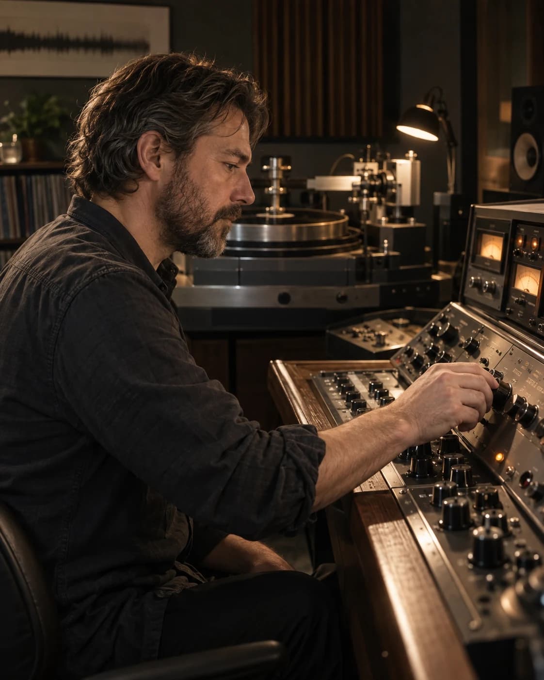 Mastering engineer adjusting analog equipment in a recording studio