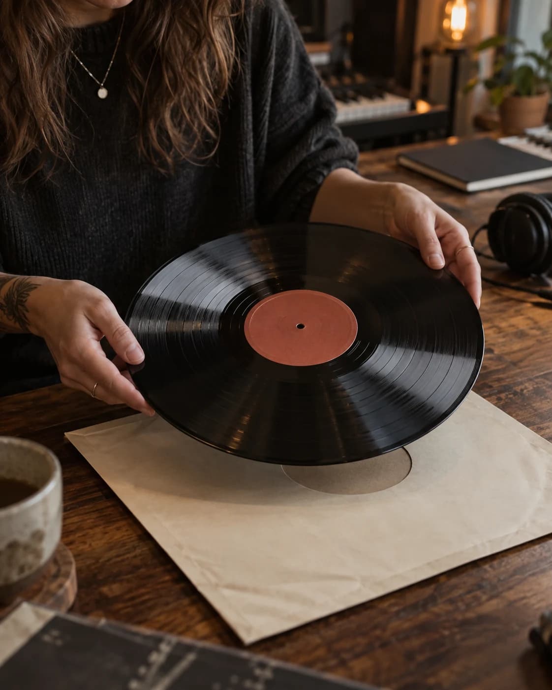Musician carefully holding a first vinyl record above its cream sleeve